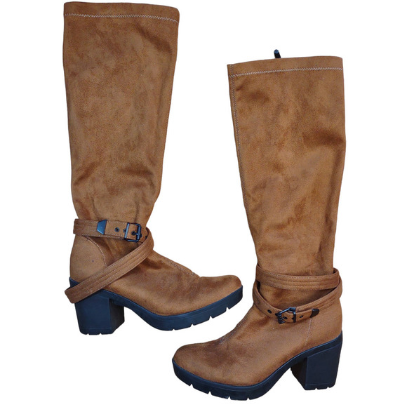 bussola Shoes - Bussola Bucharest Blossom Suede Knee high strappy buckle boots in Cognac camel